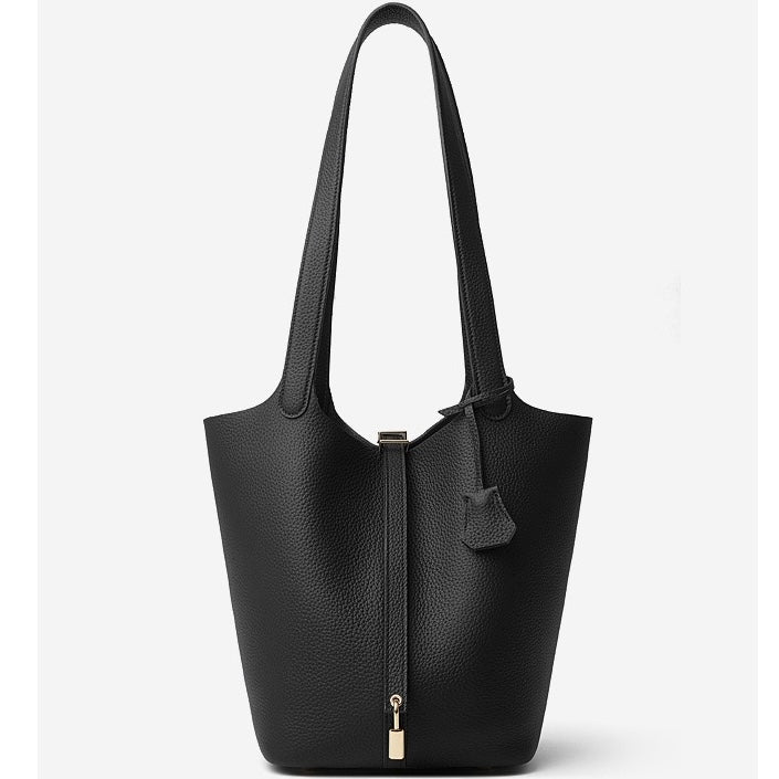 Textured Genuine Leather Tote Bag | Polished Gold Buckle Elegance