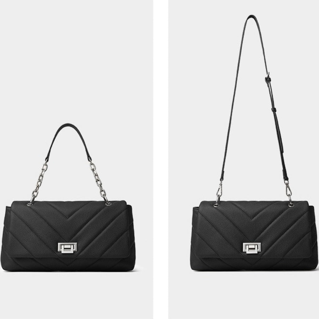 Chain-Embellished V-Quilted Genuine Leather Shoulder Bag | Effortless Understated Elegance