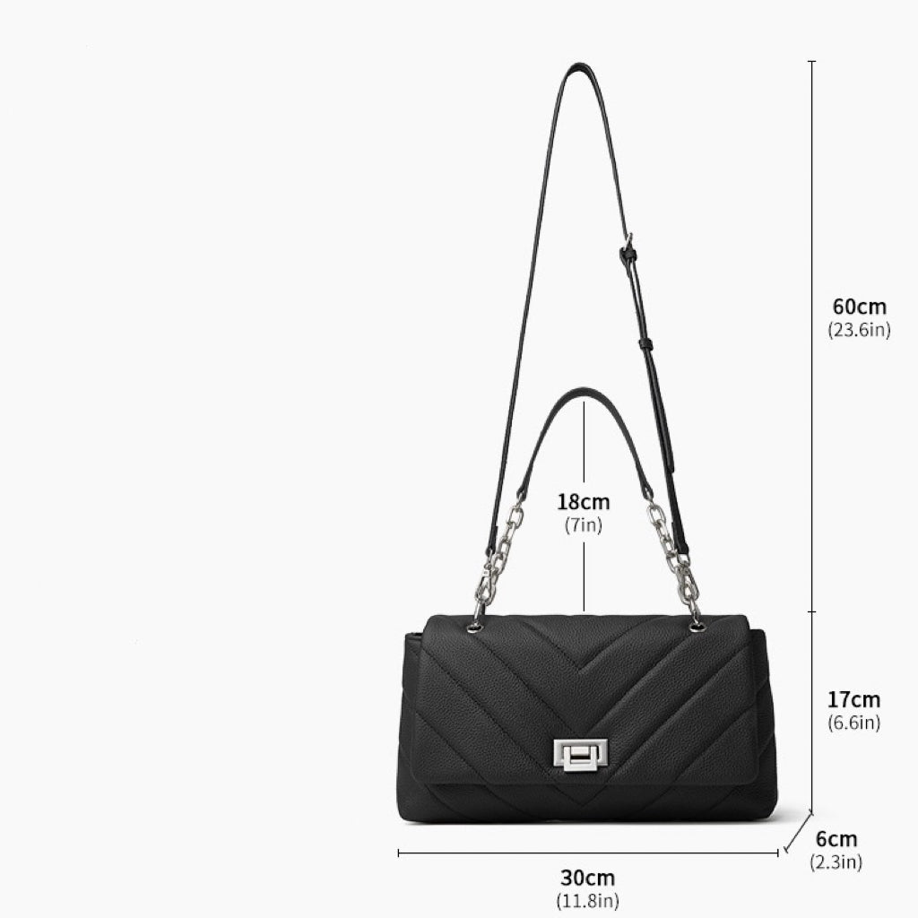 Chain-Embellished V-Quilted Genuine Leather Shoulder Bag | Effortless Understated Elegance