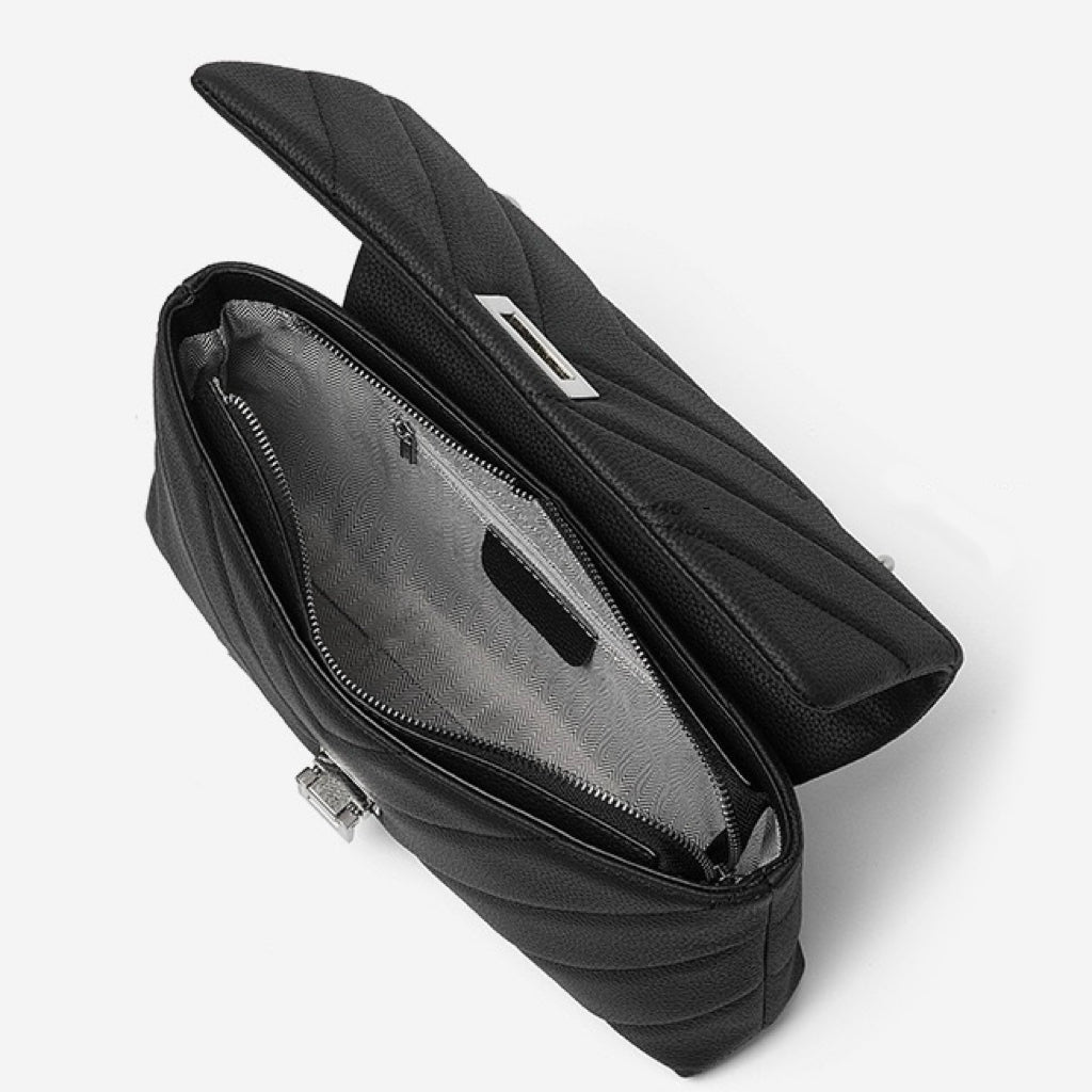 Genuine Leather Shoulder Bag | V-Quilted Chain-Embellished Effortless Elegance