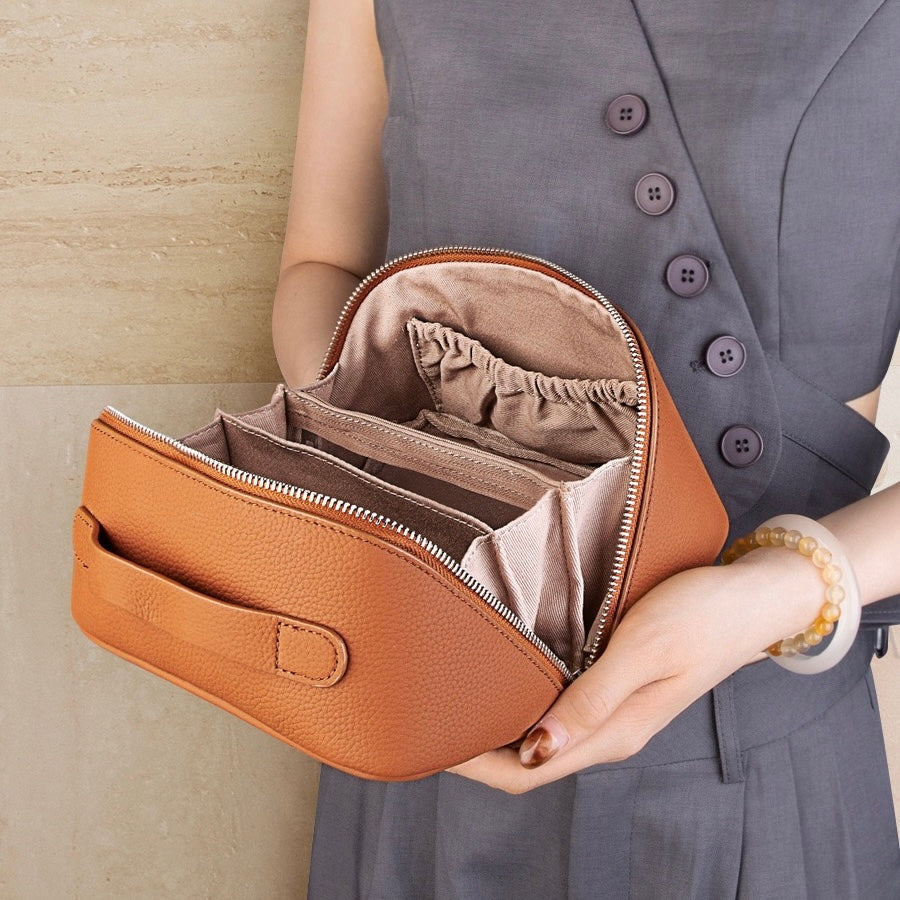 Textured Genuine Leather Top-Zip Vanity Clutch Bag | Effortless Evening Elegance