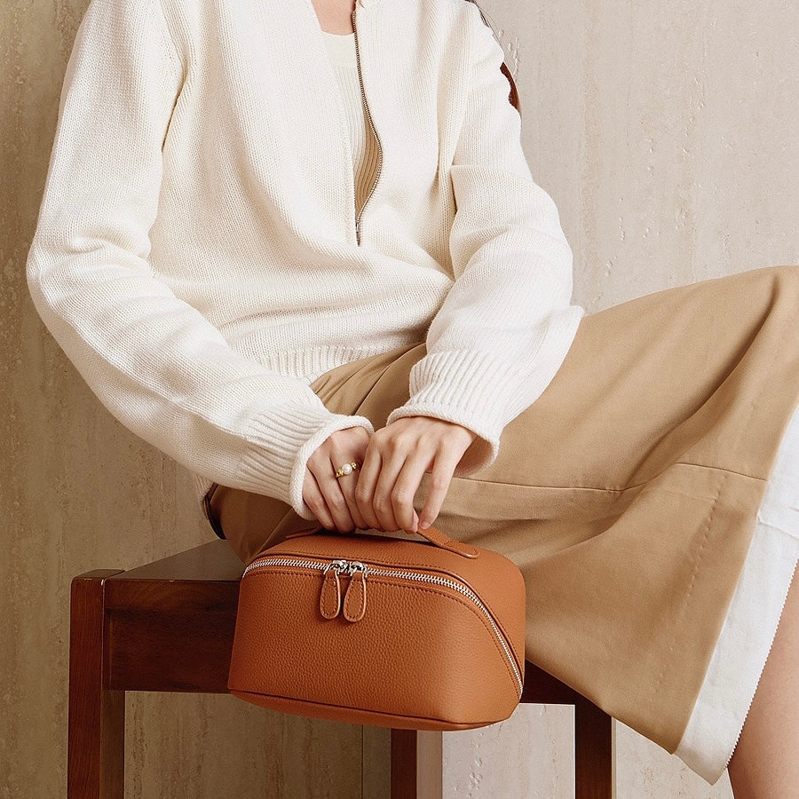 Textured Genuine Leather Top-Zip Vanity Clutch Bag | Effortless Evening Elegance