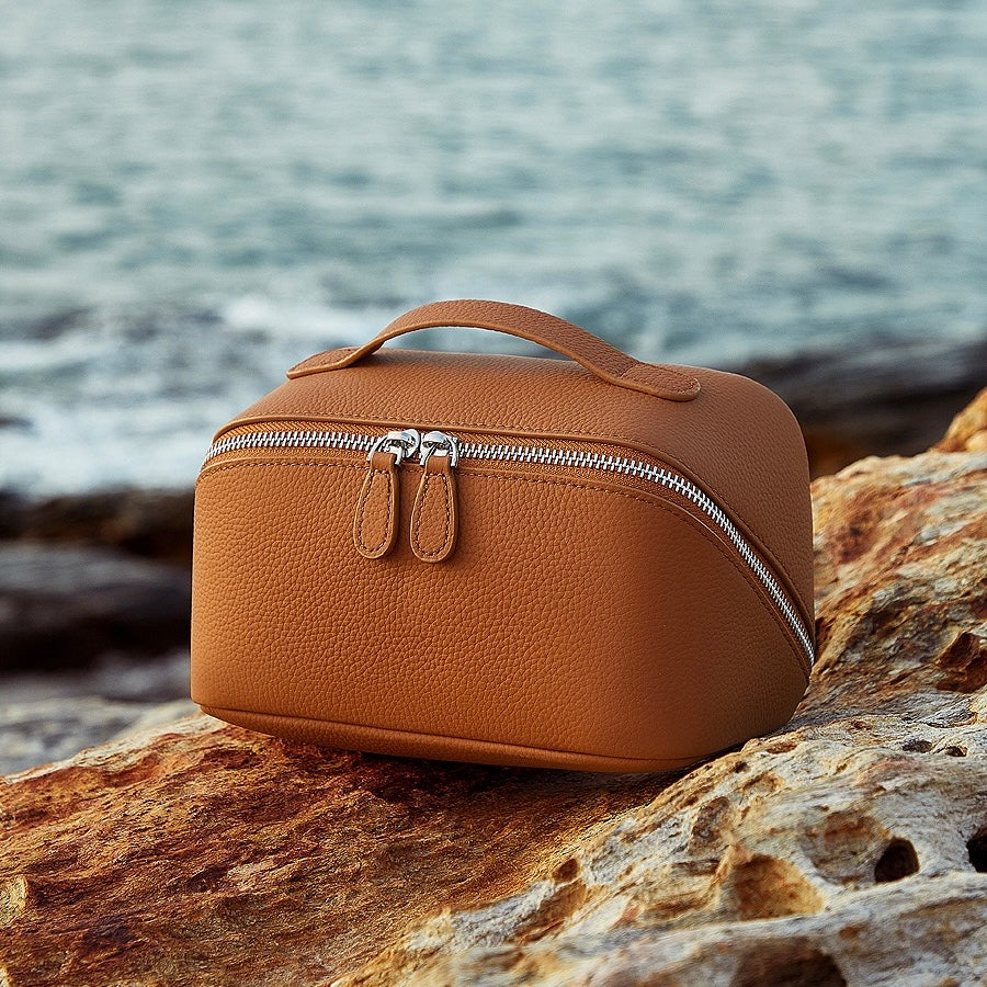Textured Genuine Leather Top-Zip Vanity Clutch Bag | Effortless Evening Elegance