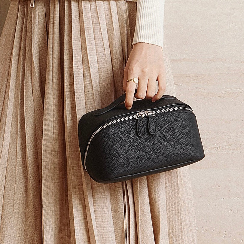 Textured Genuine Leather Top-Zip Vanity Clutch Bag | Effortless Evening Elegance
