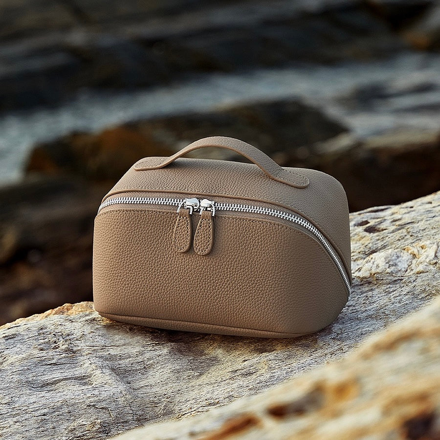 Textured Genuine Leather Top-Zip Vanity Clutch Bag | Effortless Evening Elegance