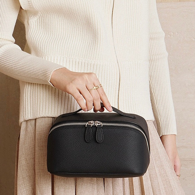 Textured Genuine Leather Top-Zip Vanity Clutch Bag | Effortless Evening Elegance