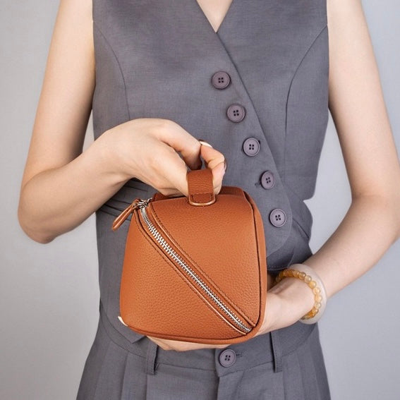 Textured Genuine Leather Top-Zip Vanity Clutch Bag | Effortless Evening Elegance