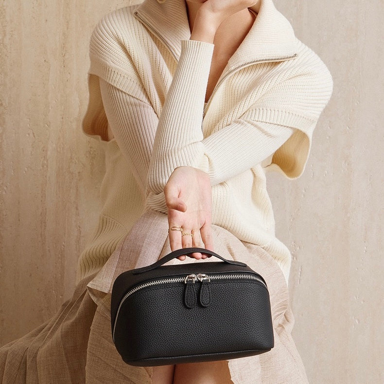 Textured Genuine Leather Top-Zip Vanity Clutch Bag | Effortless Evening Elegance