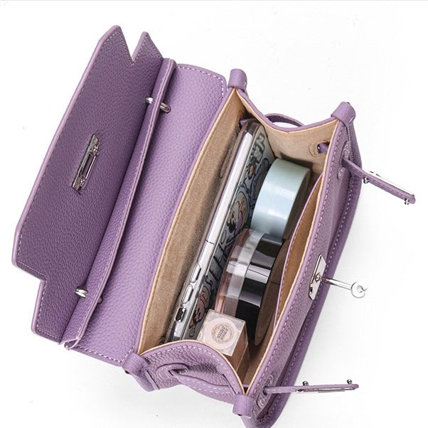 Purple Genuine Leather Mini Crossbody Bag | Polished Lock Closure