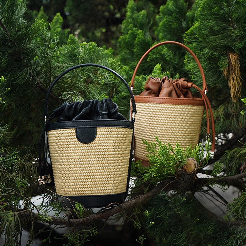 Lambskin Woven Women’s Handheld Crossbody Barrel Bag | Coastal Elegance