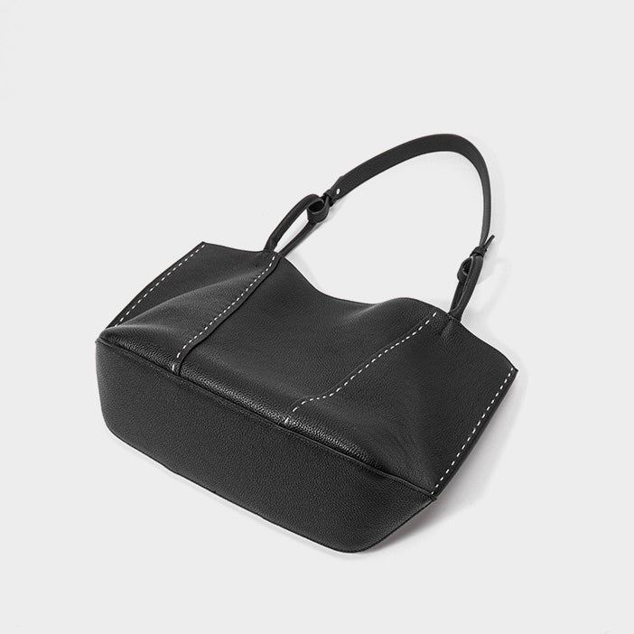 Genuine Leather Tote Bag | Textured Contrast Stitching Effortless Elegance