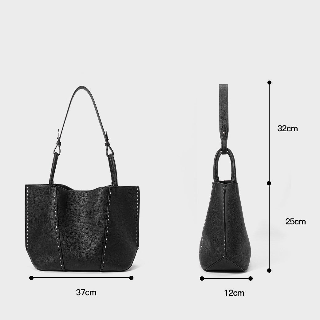 Genuine Leather Tote Bag | Textured Contrast Stitching Effortless Elegance
