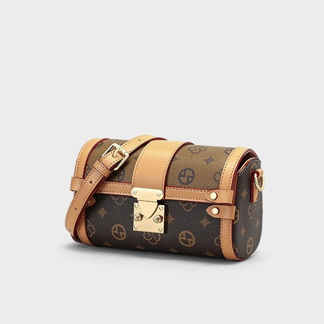 Monogram Print Faux Leather Barrel Crossbody Bag | Refined Buckle Accent