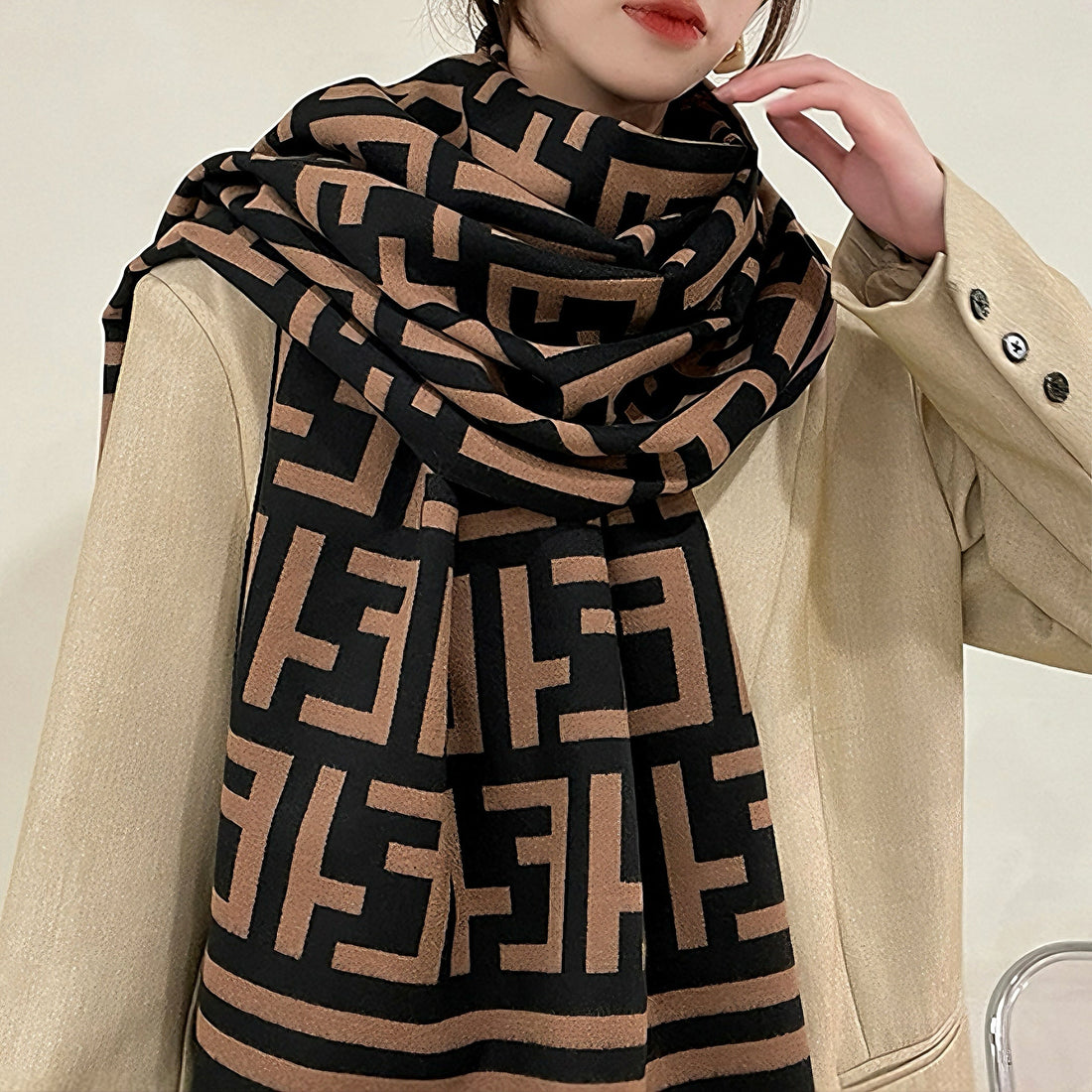 Women’s Imitation Cashmere Geometric Patterned Fringed Scarf | Quiet Luxury Warmth
