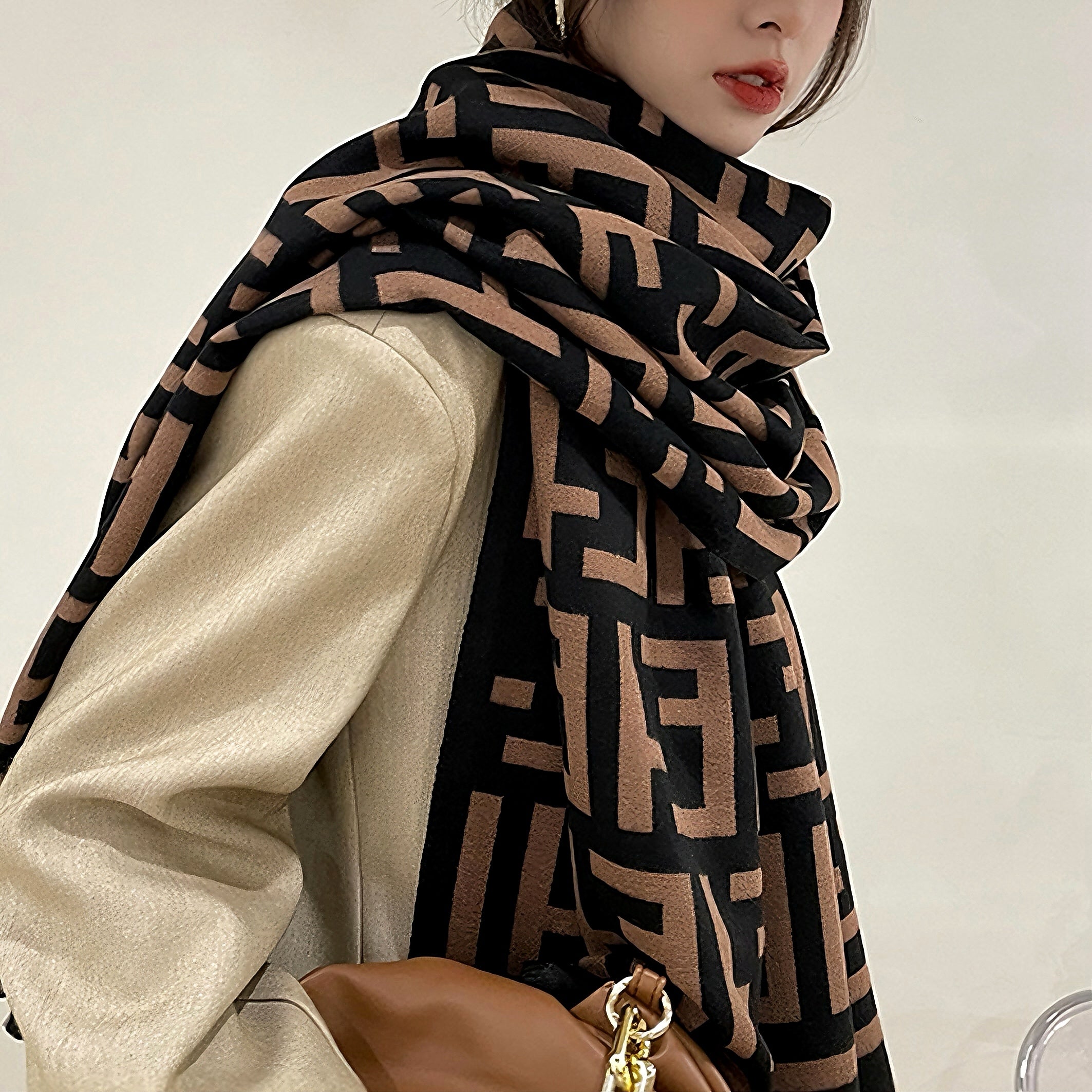 Women’s Imitation Cashmere Geometric Patterned Fringed Scarf | Quiet Luxury Warmth
