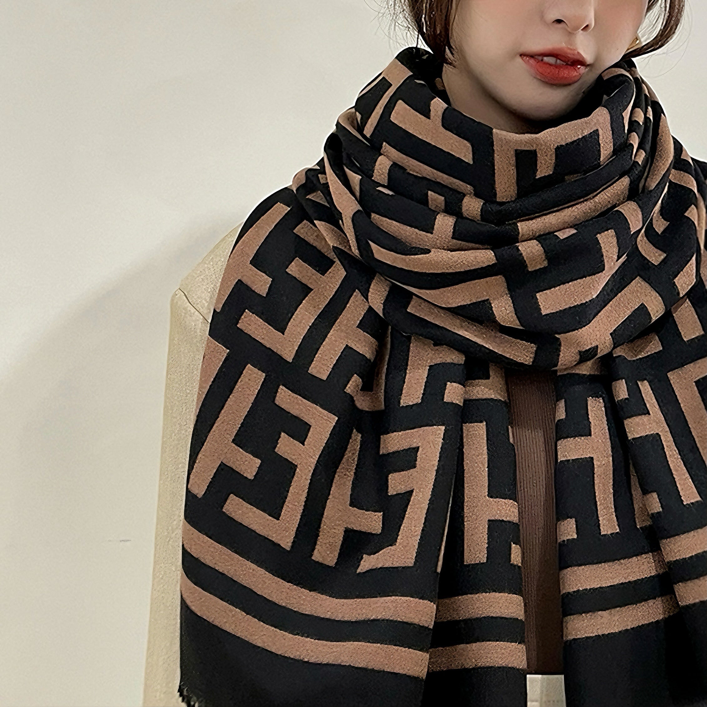 Women’s Imitation Cashmere Geometric Patterned Fringed Scarf | Quiet Luxury Warmth