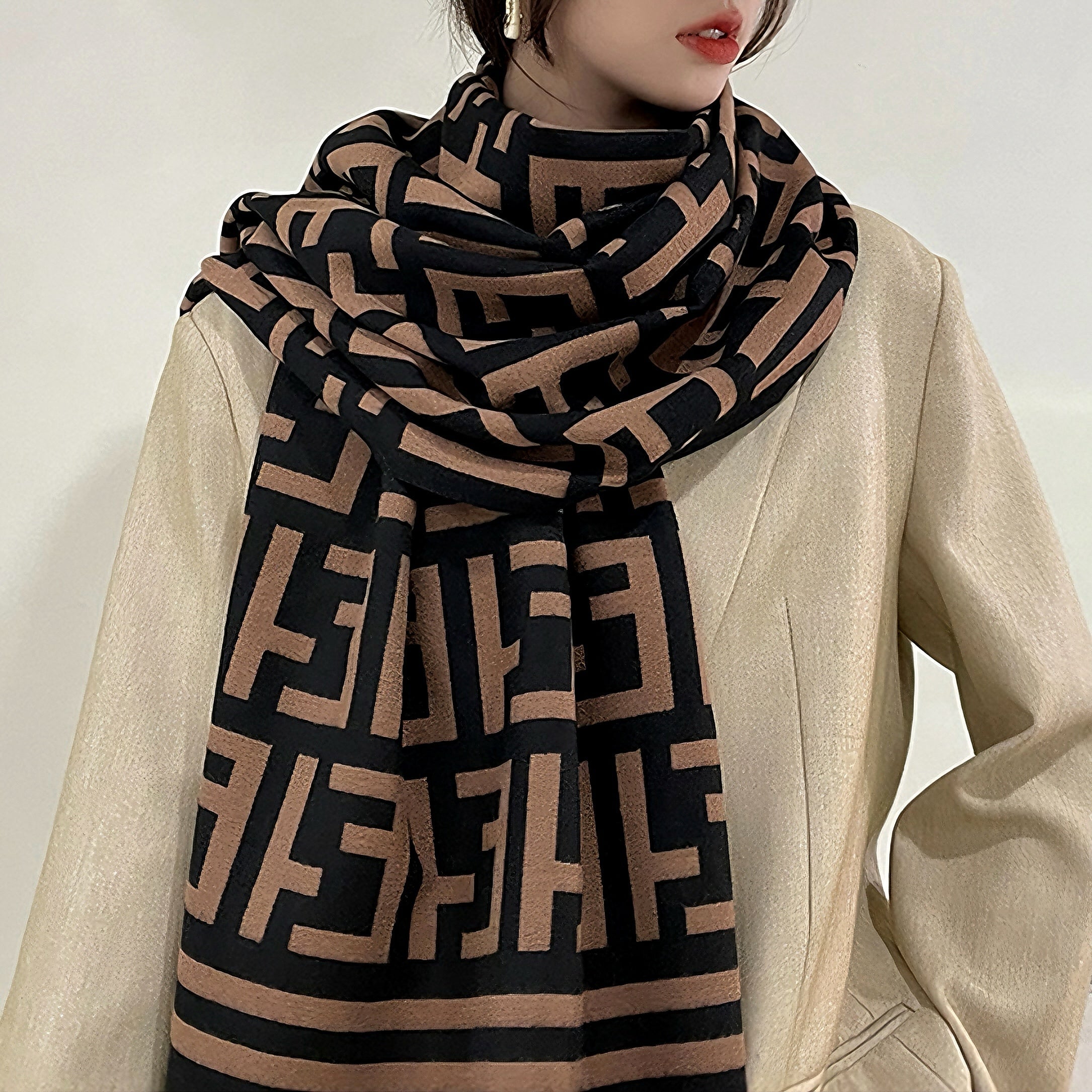 Women’s Imitation Cashmere Geometric Patterned Fringed Scarf | Quiet Luxury Warmth