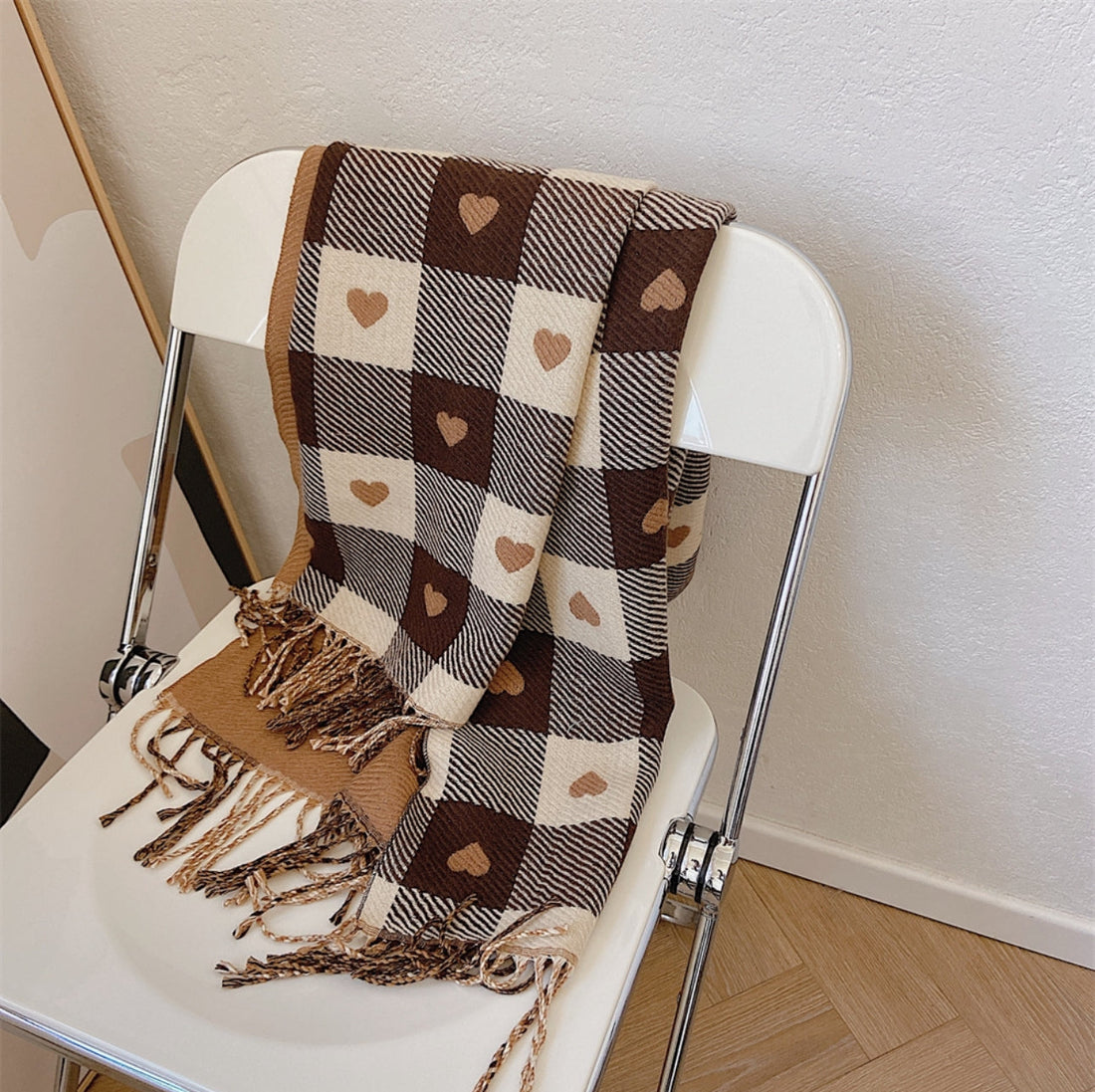 Women's Plaid Heart Imitation Cashmere Scarf | Soft Fringed Elegance