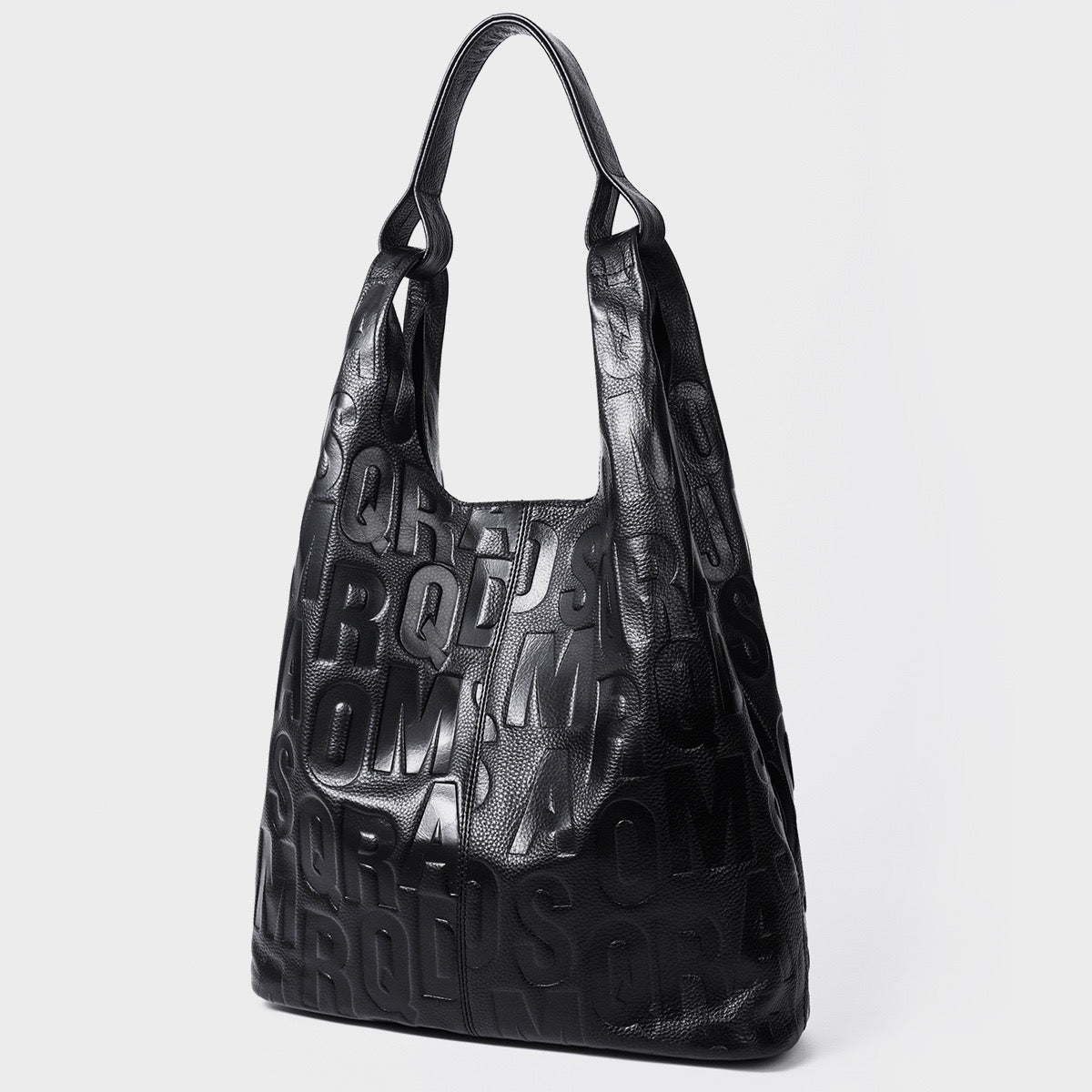Black Genuine Leather Embossed Lettering Hobo Bag | Effortless Urban Elegance