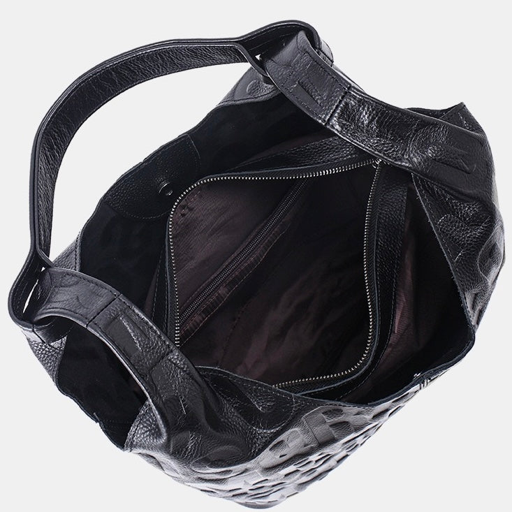 Black Genuine Leather Embossed Lettering Hobo Bag | Effortless Urban Elegance