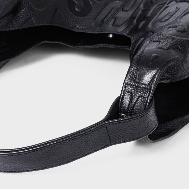 Black Genuine Leather Embossed Lettering Hobo Bag | Effortless Urban Elegance