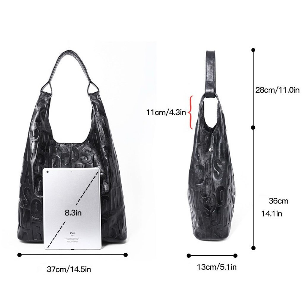 Black Genuine Leather Embossed Lettering Hobo Bag | Effortless Urban Elegance