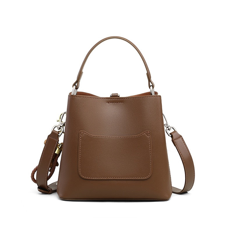 Coffee Genuine Leather Bucket Bag | Refined Bear Charm Detail