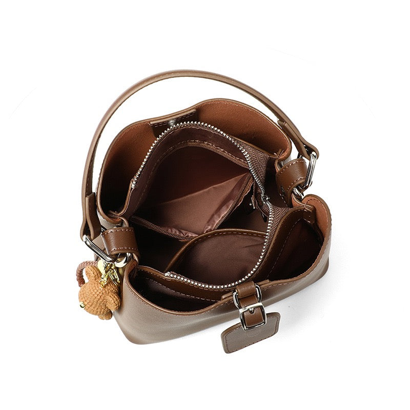 Coffee Genuine Leather Bucket Bag | Refined Bear Charm Detail