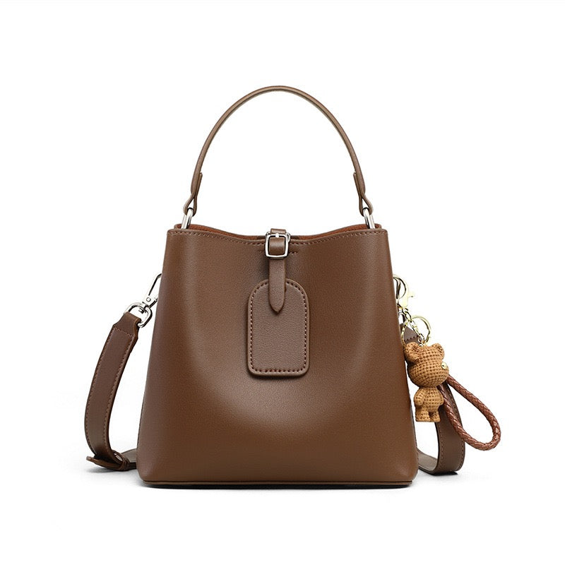 Coffee Genuine Leather Bucket Bag | Refined Bear Charm Detail