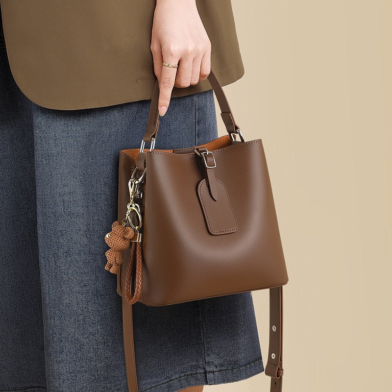 Coffee Genuine Leather Bucket Bag | Refined Bear Charm Detail