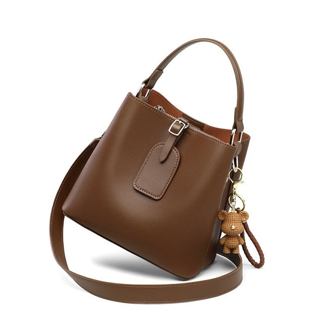 Coffee Genuine Leather Bucket Bag | Refined Bear Charm Detail