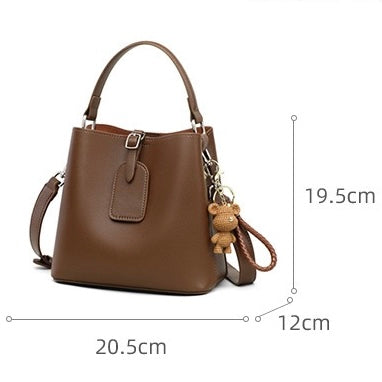 Coffee Genuine Leather Bucket Bag | Refined Bear Charm Detail