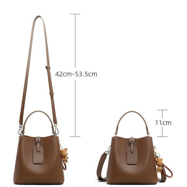 Coffee Genuine Leather Bucket Bag | Refined Bear Charm Detail