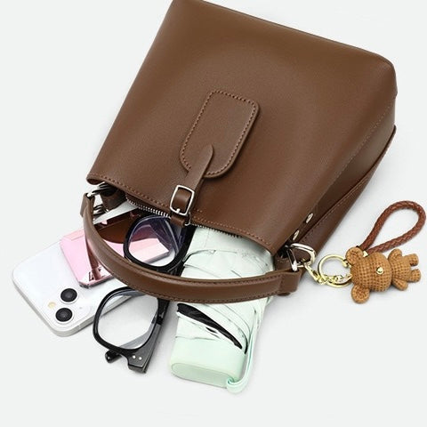 Coffee Genuine Leather Bucket Bag | Refined Bear Charm Detail