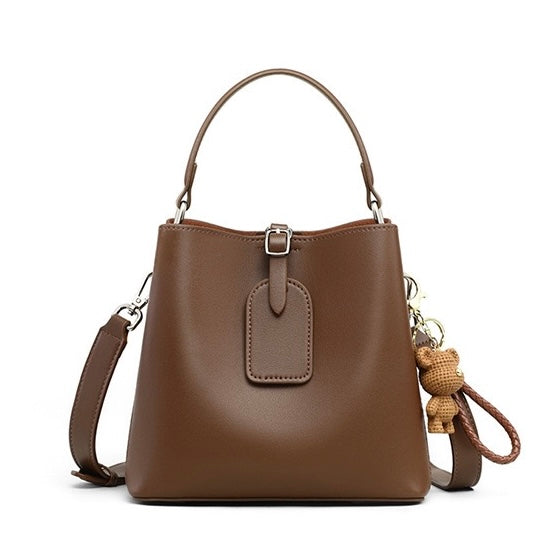 Coffee Genuine Leather Bucket Bag | Refined Bear Charm Detail