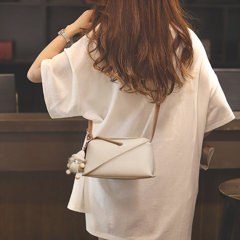 Genuine Leather Crossbody Bag | Geometric Elegance and Plush Charm