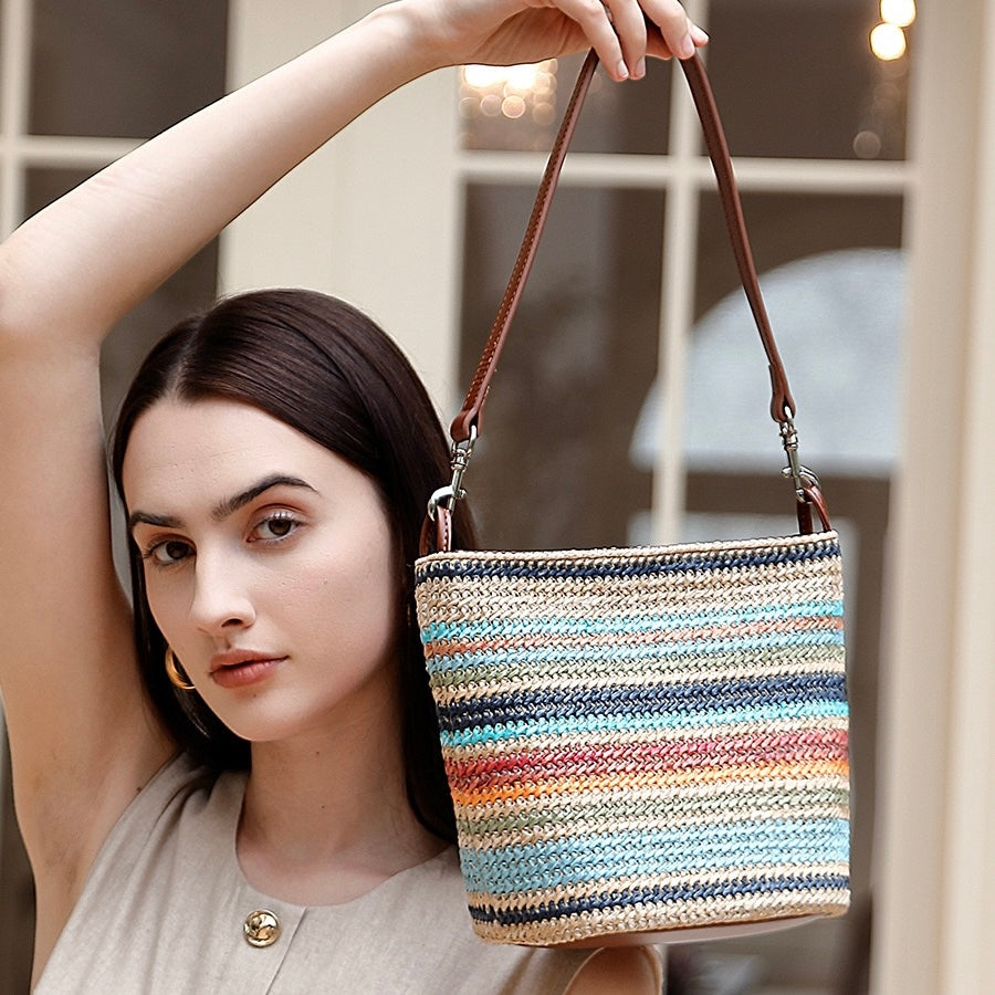 Women’s Genuine Leather Woven Straw Bucket Bag | Summer Colorblock Elegance