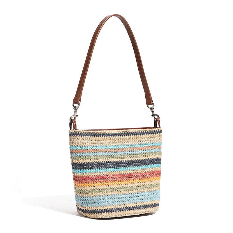 Women’s Genuine Leather Woven Straw Bucket Bag | Summer Colorblock Elegance