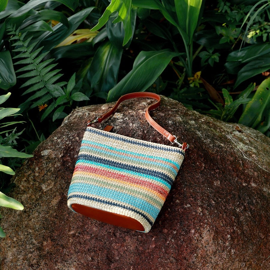 Women’s Genuine Leather Woven Straw Bucket Bag | Summer Colorblock Elegance