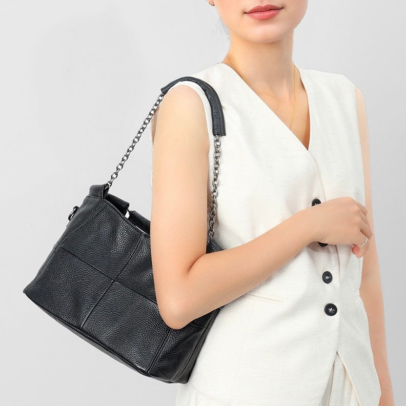 Women’s Genuine Leather Chain Shoulder Tote | Effortless Timeless Elegance