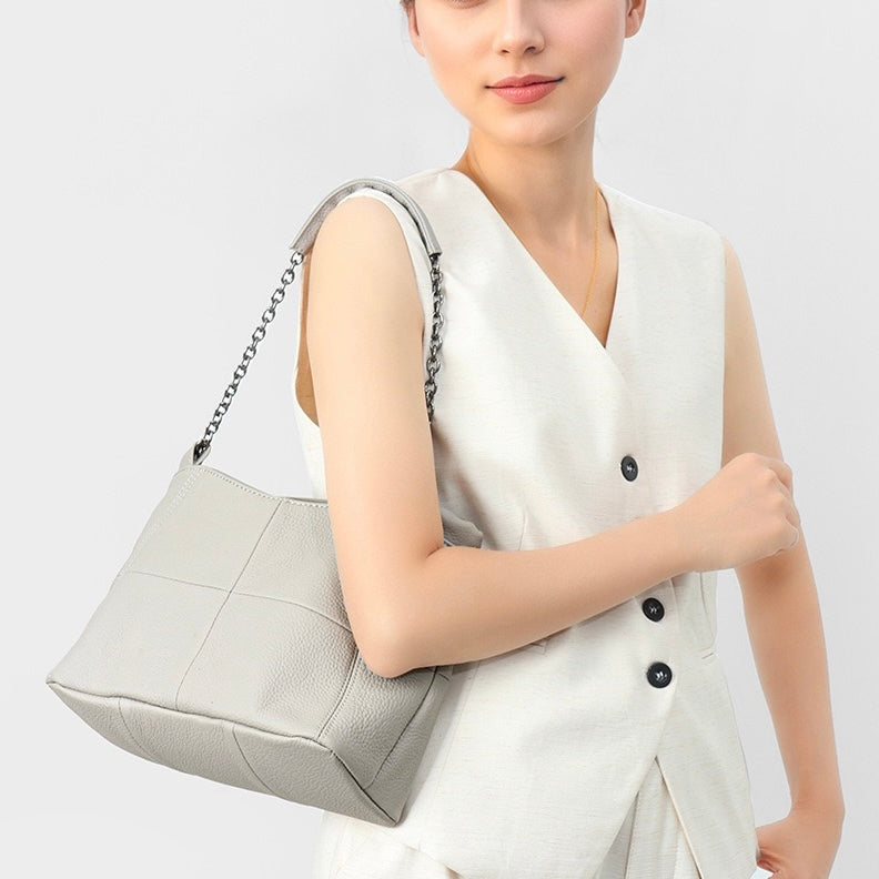 Women’s Genuine Leather Chain Shoulder Tote | Effortless Timeless Elegance