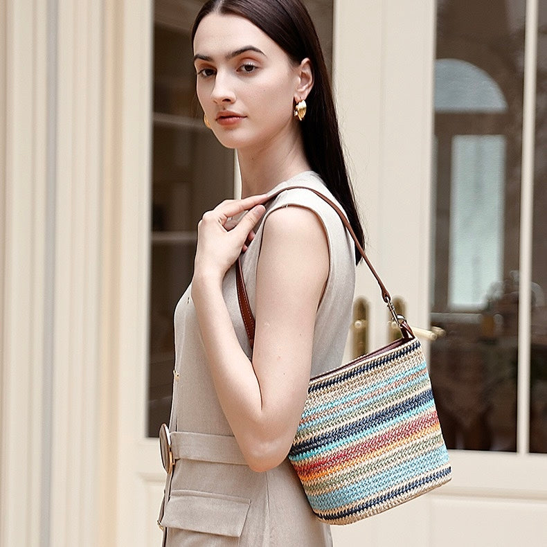 Women’s Genuine Leather Woven Straw Bucket Bag | Summer Colorblock Elegance