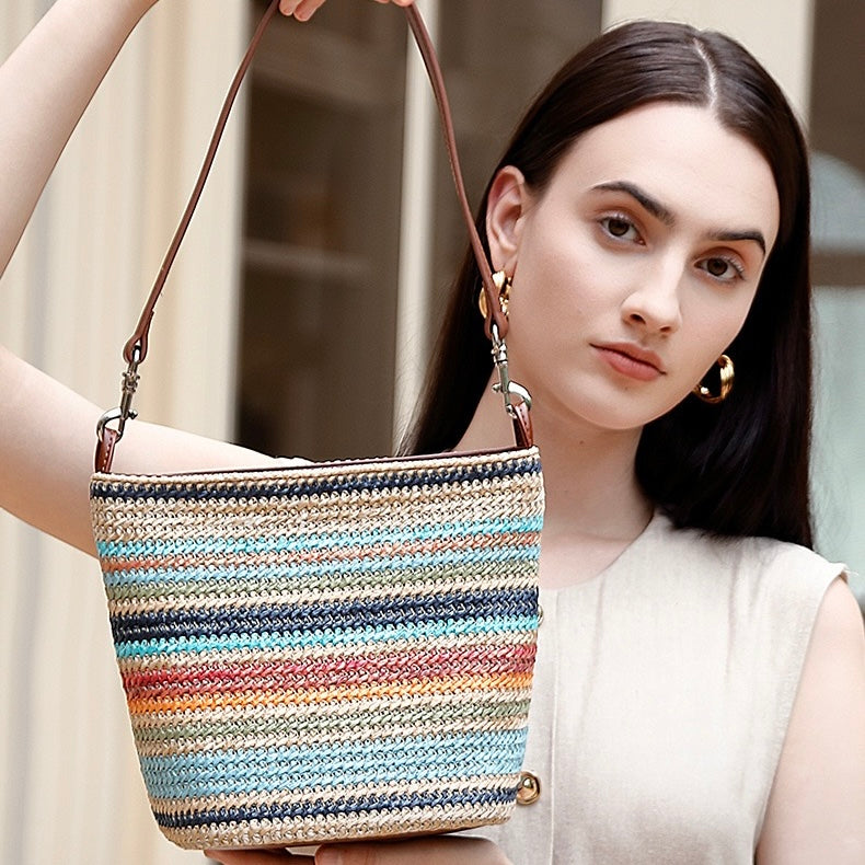 Women’s Genuine Leather Woven Straw Bucket Bag | Summer Colorblock Elegance