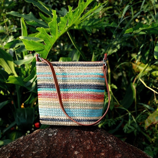 Women’s Genuine Leather Woven Straw Bucket Bag | Summer Colorblock Elegance