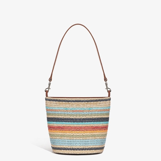 Women’s Genuine Leather Woven Straw Bucket Bag | Summer Colorblock Elegance