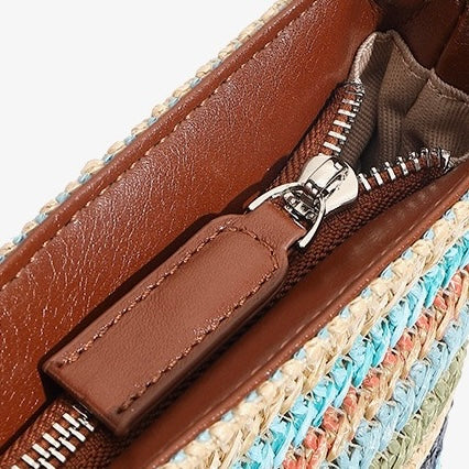 Women’s Genuine Leather Woven Straw Bucket Bag | Summer Colorblock Elegance