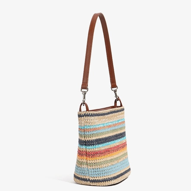 Women’s Genuine Leather Woven Straw Bucket Bag | Summer Colorblock Elegance