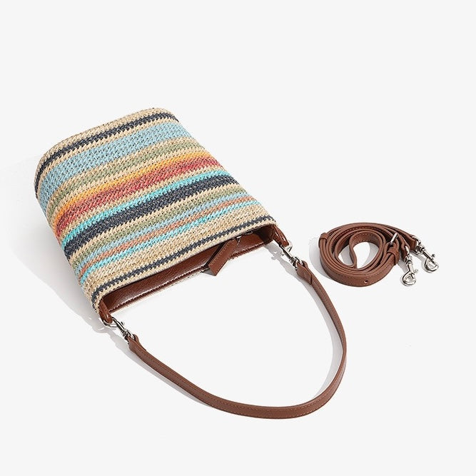 Women’s Genuine Leather Woven Straw Bucket Bag | Summer Colorblock Elegance