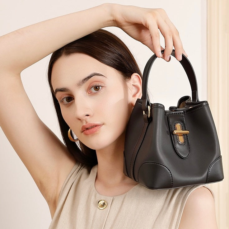 Women's Genuine Leather Mini Lock Bucket Crossbody Bag | Effortless Elegance