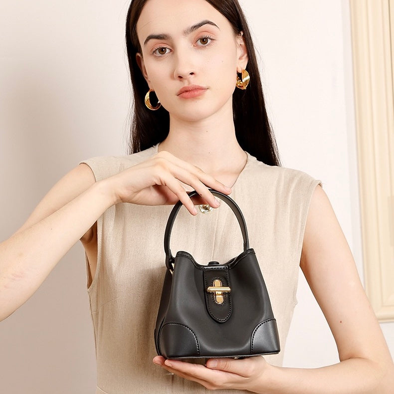 Women's Genuine Leather Mini Lock Bucket Crossbody Bag | Effortless Elegance